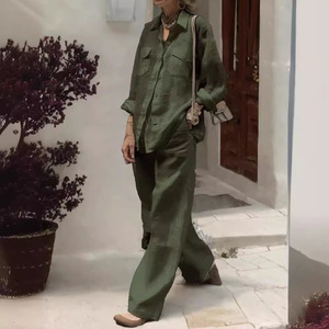 Autunno New Women camicia a maniche lunghe e <span class=keywords><strong>pantaloni</strong></span> larghi due pezzi Set in <span class=keywords><strong>lino</strong></span> cotone con risvolto con <span class=keywords><strong>pantaloni</strong></span> Casual da <span class=keywords><strong>donna</strong></span> - Product Image 4