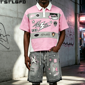 Custom Multi Patch Polo Shorts <b>Set</b> Pink Graphic Print Embroidery Distressed Denim Shorts Y2K Streetwear Wholesale Bulk - Product Image 4
