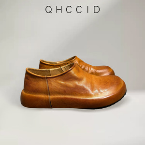 European Style Genuine Leather Men's <b>Slip</b>-<b>On</b> Loafers Mid-Heel Thick Sole Breathable Casual Shoes Brown Solid Color - Product Image 5