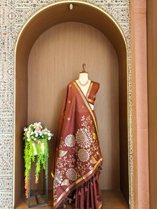 <b>Red</b> Floral Embroidered Saree Traditional Women Dress Banarasi Style Festive Wedding Party Wear - Product Image 5