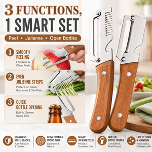 Lot de 2 <span class=keywords><strong>éplucheur</strong></span>s de légumes multifonctions en gros avec manche en bois et coupe-juliennes en acier inoxydable - Product Image 3