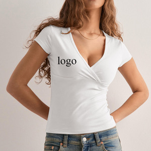 Camiseta de Cuello en V para Mujer, Personalizada con Logotipo, de Verano, de Alta Calidad, Transpirable, de Algodón Peinado Suave, Tejido de Punto - Product Image 1
