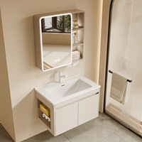 Armoire de salle de bain élégante en aluminium blanc crème à double porte, avec miroir, étagère ouverte, anti-traces de doigts, toucher agréable, pour hôtel