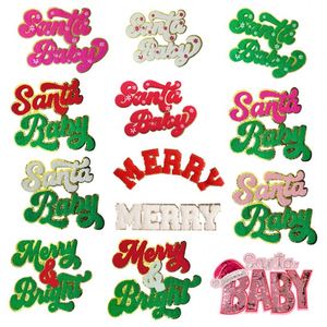 Patch en chenille personnalisé grand format à thermocoller, motif Père Noël Bébé, bord doré/argenté, Joyeux Noël Lumineux - Product Image 1