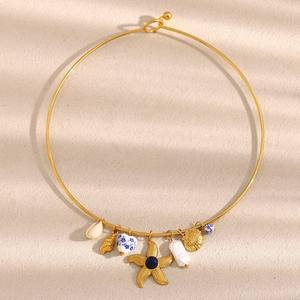 Collar Artesanal Retro <span class=keywords><strong>con</strong></span> Estrella de Mar 3D, Cuentas de Porcelana y Acero Inoxidable, Dijes de Concha, Temática Náutica, Chapado en Oro - Product Image 6