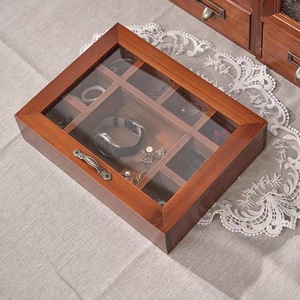 Solid Wood Jewelry <b>Box</b> Grid Storage Desktop Organizer With Glass Lid For <b>Earrings</b> Bracelets Watches Dark Brown Rectangle - Product Image 3