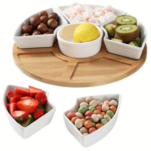 Venta al por mayor de fábrica: Nuevo diseño de Lazy Susan de bambú con juego de 6 cuencos de porcelana en un plato giratorio redondo para fiestas - Product Image 3