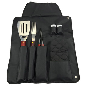 6-7 piece <b>BBQ</b> <b>apron</b> set with wooden handles, tube handles, stainless steel knives, forks, spatulas, skewers, and Oxford cloth - Product Image 5
