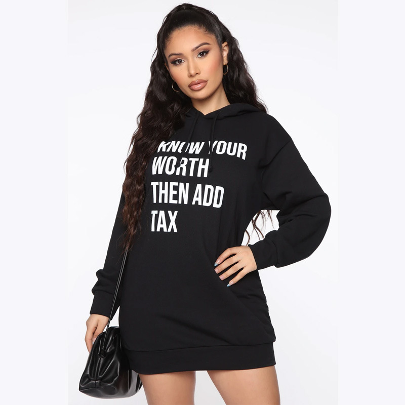 Manufacturer direct sale American style letters printed Drop-shoulder long sleeves Loose long Hoodie dress