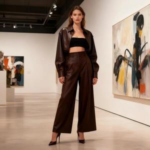 Chaqueta Camisa Unisex de PU Marrón Oscuro con Cinturón Ajustable - <span class=keywords><strong>Abrigo</strong></span> Casual para el Trabajo - Product Image 3