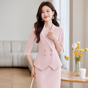Women's Light Blue Suit Set Three Quarter Sleeve Blazer And Pencil Skirt Elegant Business Commute Spring Autumn Wear - Product Image 2