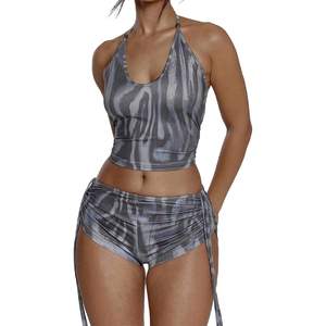 ชุดออกกำลังกายลายม้าลายสำหรับผู้หญิง รุ่นคัสตอม 2026 เสื้อกล้ามแบบผูกคอ กางเกงขาสั้น แห้งเร็ว ผูกเชือก ชุดออกกำลังกาย ผ้าเมมโมรี่ - Product Image 5