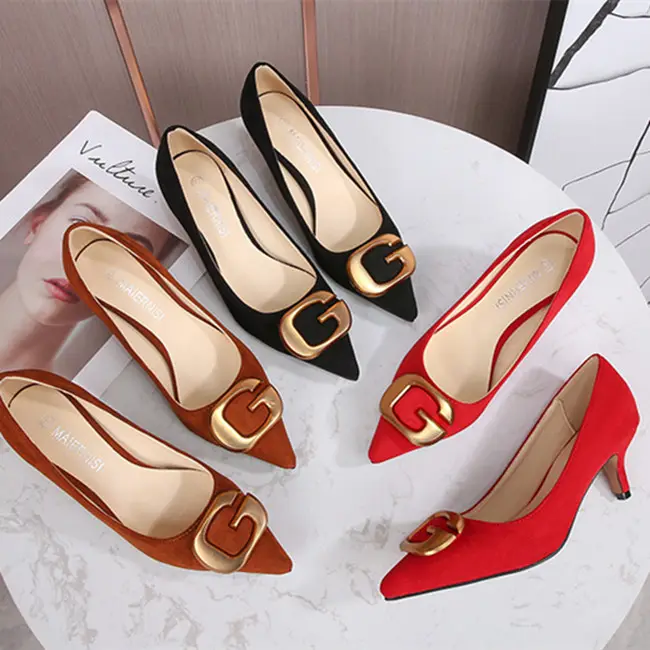 New Design Suede Fashion Red bridal shoes Stylish Pointed toe womens pumps Low heels shoes for women and ladies