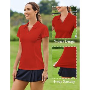 Camiseta de Polo de Golf para Mujer FOXA, Manga Corta, Secado Rápido, Cuello en V, para Tenis, Pickleball, Color Rojo, Ropa Deportiva - Product Image 4