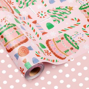 MAYPLUSS Christmas Wrapping Paper 17 In X 33 Ft Reversible <b>Pink</b> Candy Cane Cake Design Gift <b>Wrap</b> For Holiday Crafting - Product Image 1