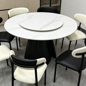 Ensemble de table à manger moderne en pierre frittée avec plateau tournant, 6 chaises en cuir PU, base en métal noir, pour la maison et l'appartement - Product Image 3
