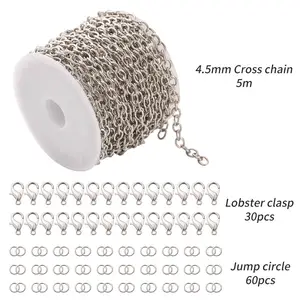 Silver Stainless Steel Link Cable Chain with 20 Lobster Clasps and 30 Jump Rings for Men Women Jewelry Chain DIY Making