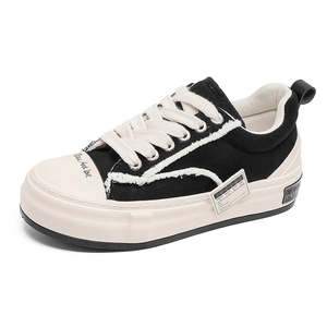 Erkek Siyah Beyaz Yıpranmış Tekstil Patchwork Platform Kaykay Spor Ayakkabıları Çok Renkli Çizgili Bağcıklı Boy Uzatıcı Retro Eskitme Görünümlü - Product Image 3