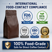 Sacs d'emballage pour grains de café à fond carré, doublés de feuille marron mate, avec logo imprimé en héliogravure, fermeture éclair et dégazage unidirectionnel