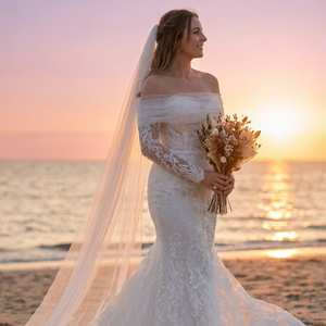 Abito <span class=keywords><strong>da</strong></span> <span class=keywords><strong>Sposa</strong></span> a Sirena <span class=keywords><strong>in</strong></span> Pizzo con Applicazioni di Cristalli, Lunghezza a Terra, 100% <span class=keywords><strong>Cotone</strong></span> Antistatico, Spalle Scoperte, Stile Francese Semplice ed Elegante - Product Image 1