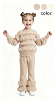 Ensemble en tricot de laine d'agneau pour enfant, style princesse, pull à manches longues avec décorations de perles et pantalon évasé avec bordure en fourrure, couleur park