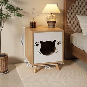 โต๊ะข้างเตียงทำจากไม้อเนกประสงค์พร้อมบ้านแมวและชั้นเก็บของสำหรับห้องนอนที่เป็นมิตรกับสัตว์เลี้ยงแบบกำหนดเอง - Product Image 3