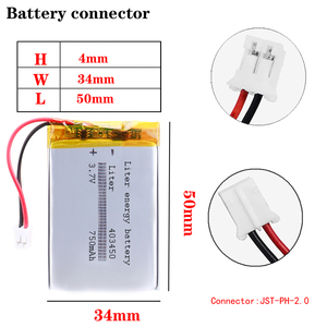 3.7V 403450 750mah बैटरी लिथियम आयन विद्युत के लिए रिचार्जेबल बैटरी 2pin पीएच 2.0mm कनेक्टर के साथ - Product Image 2