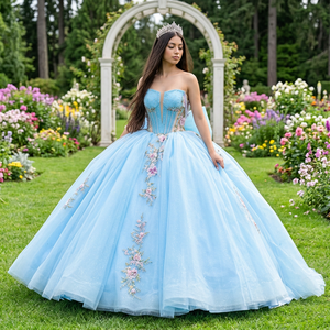 Robe de Quinceañera Bleue Scintillante pour Mariage et Bal de Promo, Modèle Jancember, avec Grand Nœud et Dentelle, Robe de 15 Ans, Robe de 16 Ans, Dy20251 - Product Image 1