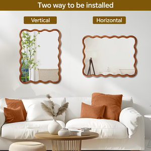 Yellowish Brown <b>30x40</b> Wavy Rectangle Solid Wood <b>Frame</b> Decorative Mirror For Bedroom Bathroom Living Room Entryway - Product Image 4