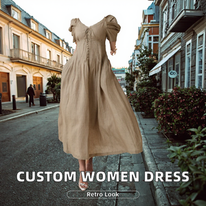 Vestido Maxi de Lino y Algodón con Chifón, Cuello en V, Manga Corta, Corte Ajustado y Acampanado, Estilo Bohemio Casual de Verano, con Bolsillos, Transpirable, Vintage, Lindo, Dulce, con Cremalleras - Product Image 2