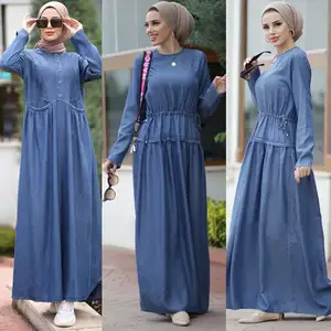 Muslim Women Denim Collect Waist Dress Abaya Dubai Islamic Jilbab Long Robe Gown