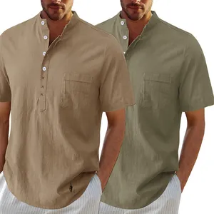 Men's Linen Cotton Casual Beach T-Shirt Band Collar Vacation Tops With Pocket Beach Summer Shirts For Men