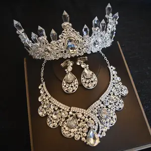 Élégant couronne de mariée collier boucles d'oreilles 3 pièces ensemble strass couronne de mariée ensemble ensemble de bijoux de mariage