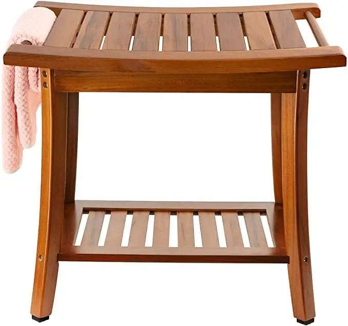 Banc de douche en bois de bambou et teck siège de bain escabeau tabouret banc de douche d'angle avec étagère de rangement