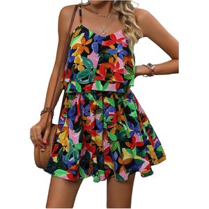 Combinaison d'été bohème pour femme à bretelles spaghetti, à volants superposés, en mousseline, sans manches, robe de vacances - Product Image 1