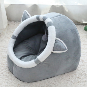 Cat Dog Bed Oval Soft Plush Pet Bed With Ears Warm Comfortable Nest For <b>Small</b> Medium Pets - Product Image 1