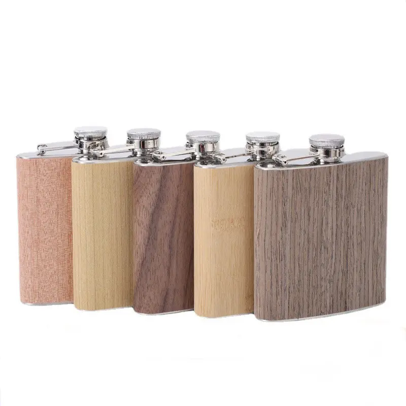 6 oz Factory High Quality Wholesale Stainless Steel Whisky Wine Wood Wrapped Hip Flask