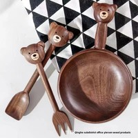 Plateau de service en bois de noyer à motif de dessin animé sur le thème de l'ours pour repas/thé, plateau à fruits et pâtisseries avec fourchettes et cuillères - Commandes personnalisées en petite série