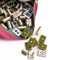 Jeu de Mahjong Américain MCM avec Tuiles Géométriques Florales, Motif Artistique Rétro Vert Olive, Pochette en Velours, Bam Bird Boutique