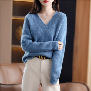 Suéter de cuello en V para mujer, de lana, manga princesa, ajuste holgado, otoño invierno, capa base informal, blanco roto, gris oscuro, azul marino, azul cielo - Product Image 5