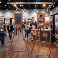 Photomaton vintage en chêne massif double face avec contrôle tactile pour smartphones, support réglable en hauteur, compatible flash et imprimante, livré en flight case