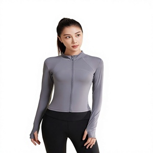 Veste de yoga d'hiver pour femme, vente en gros OEM, fermeture éclair avant, extensible, en Spandex/Polyester, coupe-vent, à capuche, pour activités de plein air - Product Image 1