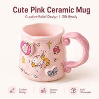Mug en céramique rose mignon avec motif lapin en relief 3D, nœud et pêche, tasse à café créative avec poignée incurvée, cadeau pour la maison, OEM ODM, vente en gros