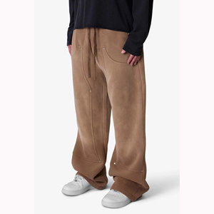 Coulisse in vita 100% cotone cotone traspirante lavato marrone stile occidentale rilassato-fit doppio ginocchio <span class=keywords><strong>pantaloni</strong></span> <span class=keywords><strong>della</strong></span> <span class=keywords><strong>tuta</strong></span> da uomo - Product Image 2