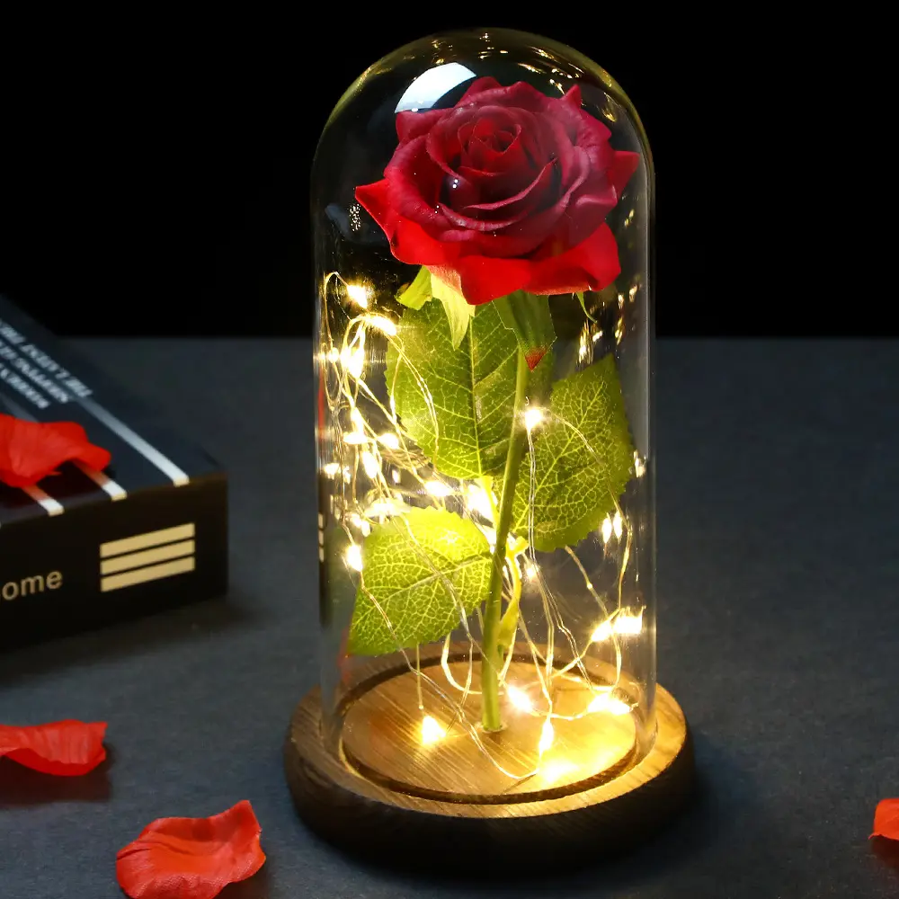 Artificial Eternal Rose Led Light Beauty The Beast In Glass Cover Christmas Home Decor For Mother Valentines Day New Year Gift