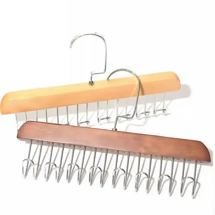 Wholesale Metal Tie Belt Hangers Rack Vintage Pant Hangers Wooden Tie Organizer Wooden Belt Hanger with 8 Hooks