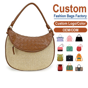 Bolso de Hombro de Cuero de Grano Entero y Tejido de Paja Directo de Fábrica – Silueta Elegante de Inspiración Vintage | Perfecto para Desplazamientos Diarios - Product Image 1