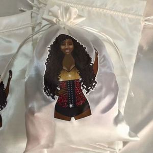 Custom Logo Satin Drawstring <b>Bags</b> with Black Rope Handle for Hair Extensions and Wigs Bundles Stylish Shopping Packaging - Product Image 4