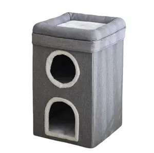 Lit de maison de chat à 3 étages pour l'intérieur, meubles de lits de grotte de chat couverts avec coussin à gratter et grotte cachée condo moderne pour chat