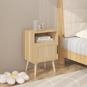 Rattan Nightstand With Door Open <b>Shelf</b> Solid Wood Legs Bedroom Side Table Accent End Table - Product Image 5